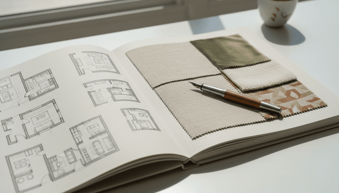 Overhead view of an interior design proposal document on a white desk with fabric swatches and a pen