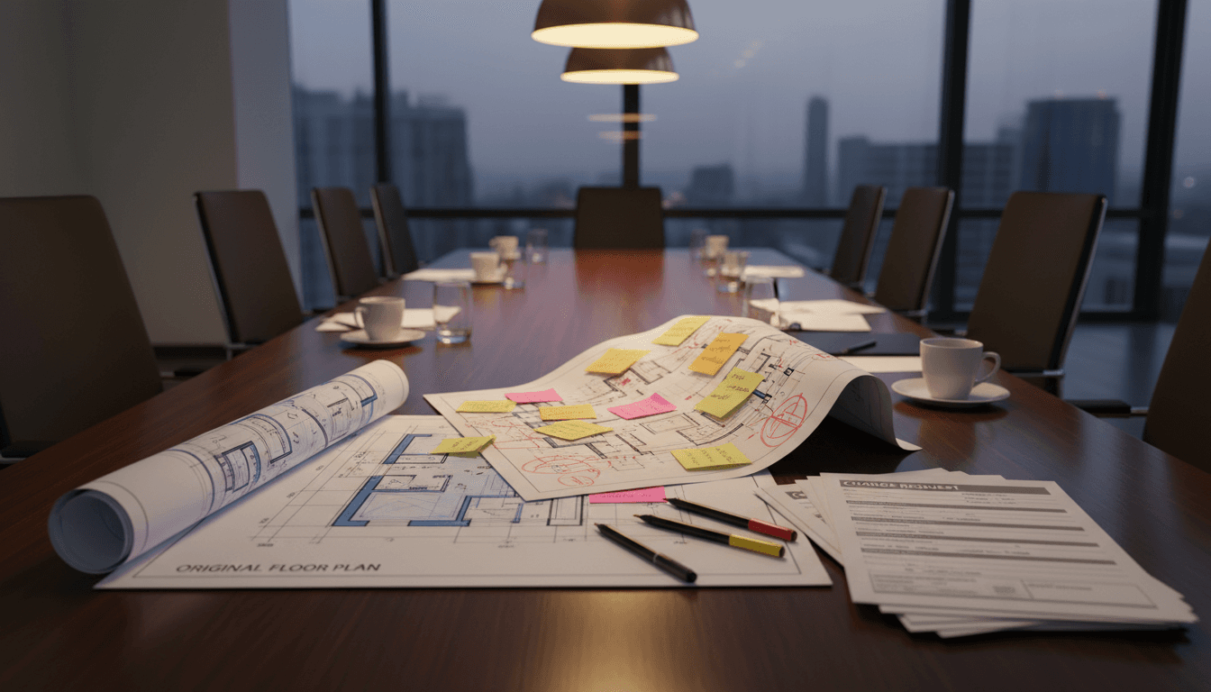 Interior design consultation table with floor plans, fabric swatches, and sticky notes in natural daylight